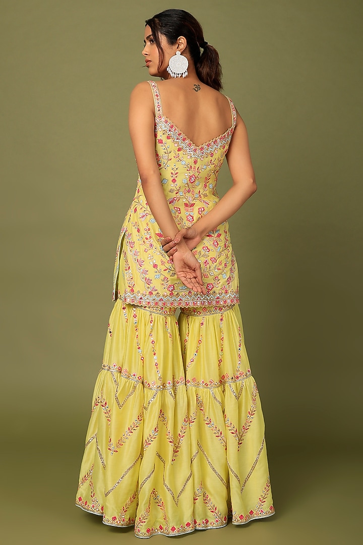 Yellow Chanderi Silk Resham Embroidered Gharara Set by Tamanna Punjabi Kapoor at Pernia's Pop Up Shop