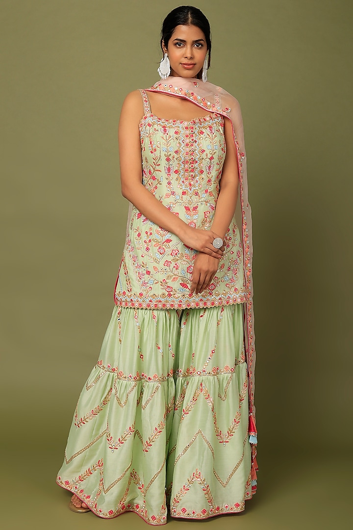 Green Chanderi Silk Resham Embroidered Gharara Set by Tamanna Punjabi Kapoor