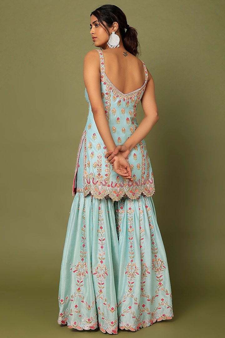 Blue Chanderi Silk Resham Embroidered Gharara Set by Tamanna Punjabi Kapoor at Pernia's Pop Up Shop