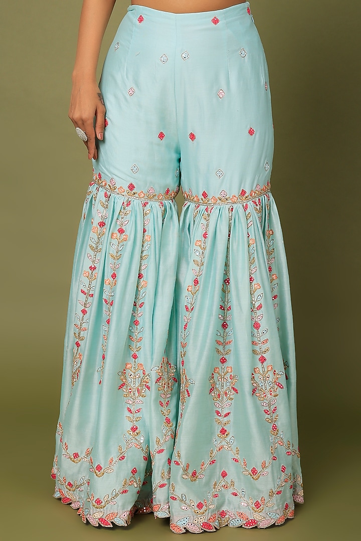 Blue Chanderi Silk Resham Embroidered Gharara Set by Tamanna Punjabi Kapoor at Pernia's Pop Up Shop