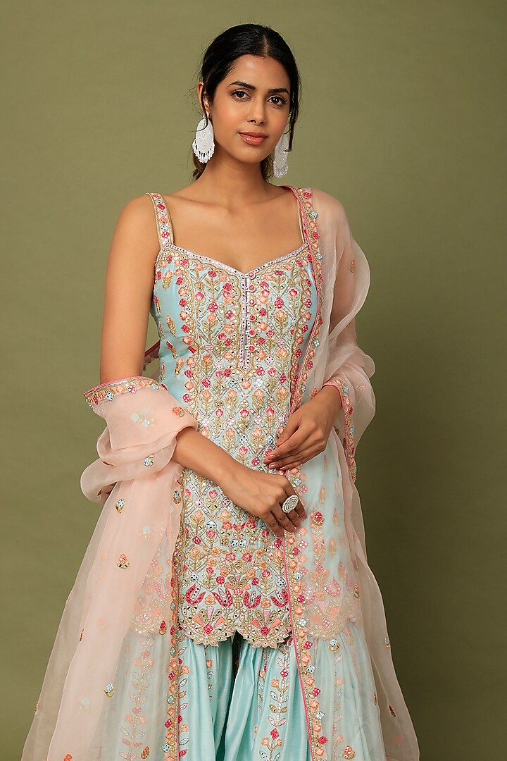 Blue Chanderi Silk Resham Embroidered Gharara Set by Tamanna Punjabi Kapoor at Pernia's Pop Up Shop