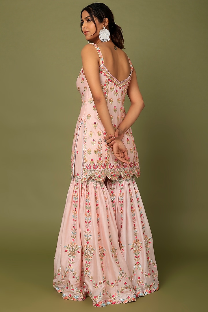 Pink Chanderi Silk Resham & Gota Embroidered Gharara Set by Tamanna Punjabi Kapoor at Pernia's Pop Up Shop