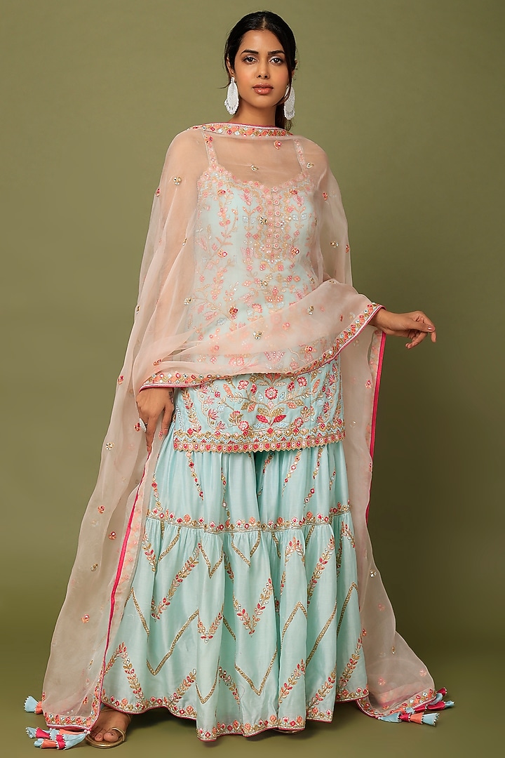 Blue Chanderi Silk Resham & Gota Embroidered Gharara Set by Tamanna Punjabi Kapoor at Pernia's Pop Up Shop