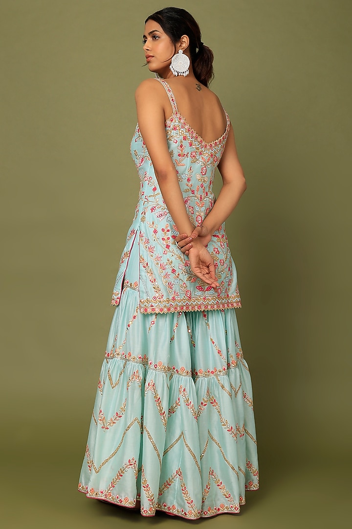 Blue Chanderi Silk Resham & Gota Embroidered Gharara Set by Tamanna Punjabi Kapoor at Pernia's Pop Up Shop