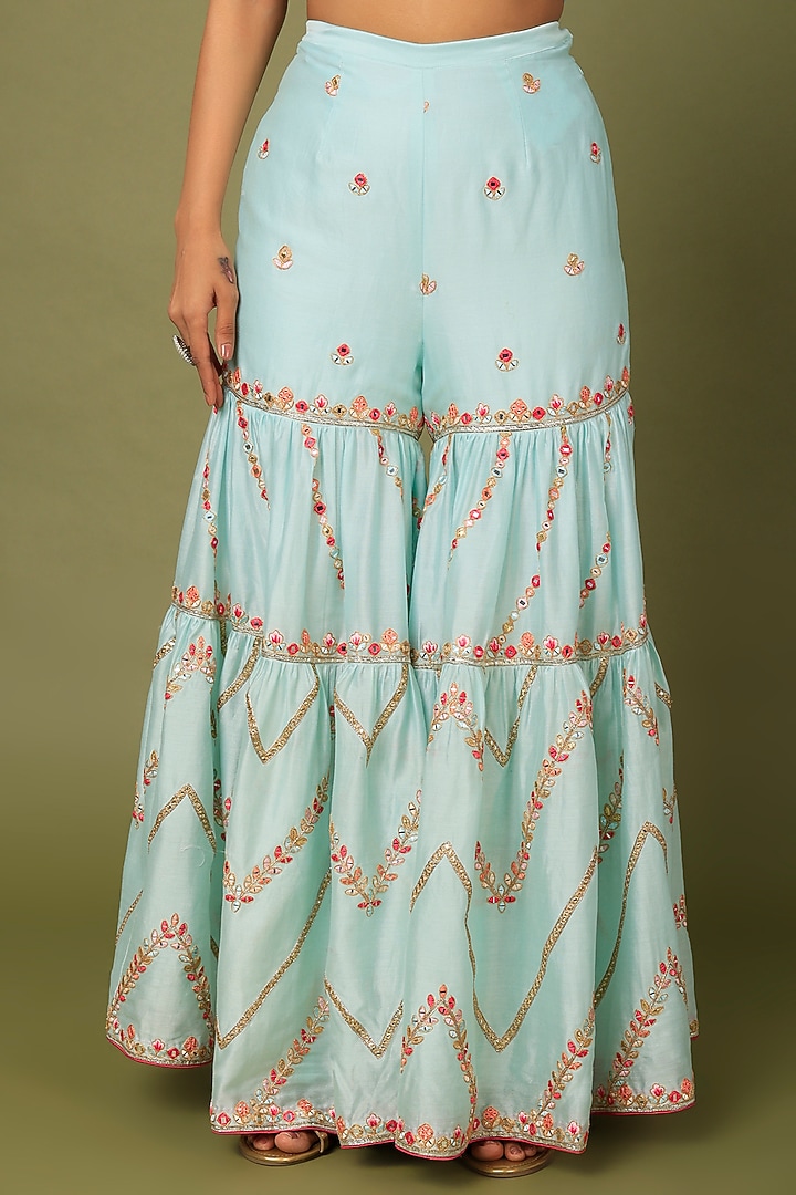 Blue Chanderi Silk Resham & Gota Embroidered Gharara Set by Tamanna Punjabi Kapoor at Pernia's Pop Up Shop