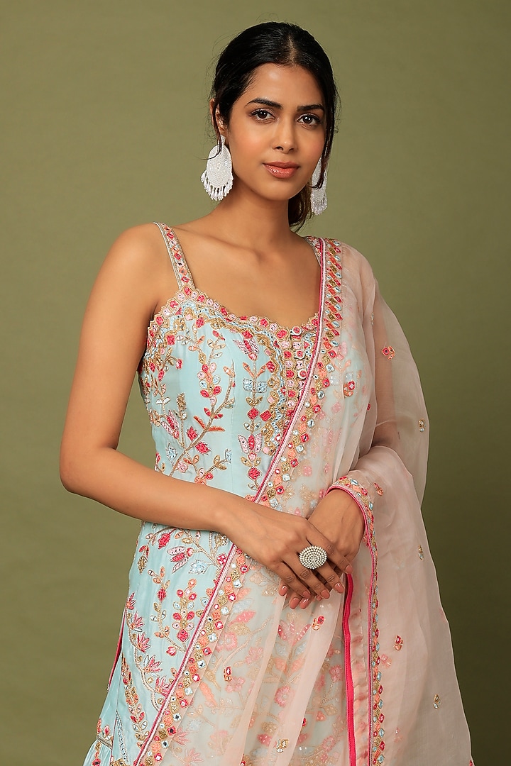 Blue Chanderi Silk Resham & Gota Embroidered Gharara Set by Tamanna Punjabi Kapoor at Pernia's Pop Up Shop