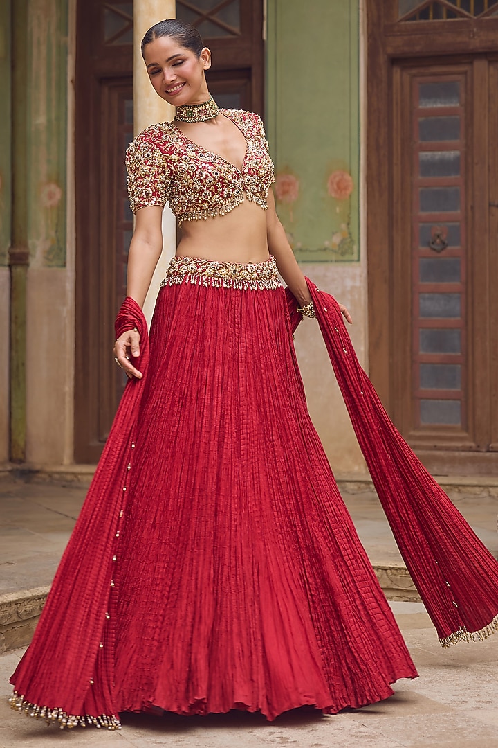 Red Habutai Silk Mirror Embroidered Wedding Lehenga Set by Tamanna Punjabi Kapoor at Pernia's Pop Up Shop