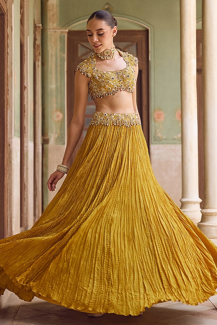 Mustard Habutai Silk Sequins Embroidered Wedding Lehenga Set by Tamanna Punjabi Kapoor at Pernia's Pop Up Shop
