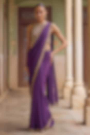 Deep Purple Crepe Sequins Embroidered Reception Saree Set by Tamanna Punjabi Kapoor at Pernia's Pop Up Shop