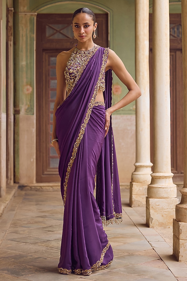 Deep Purple Crepe Sequins Embroidered Reception Saree Set by Tamanna Punjabi Kapoor at Pernia's Pop Up Shop