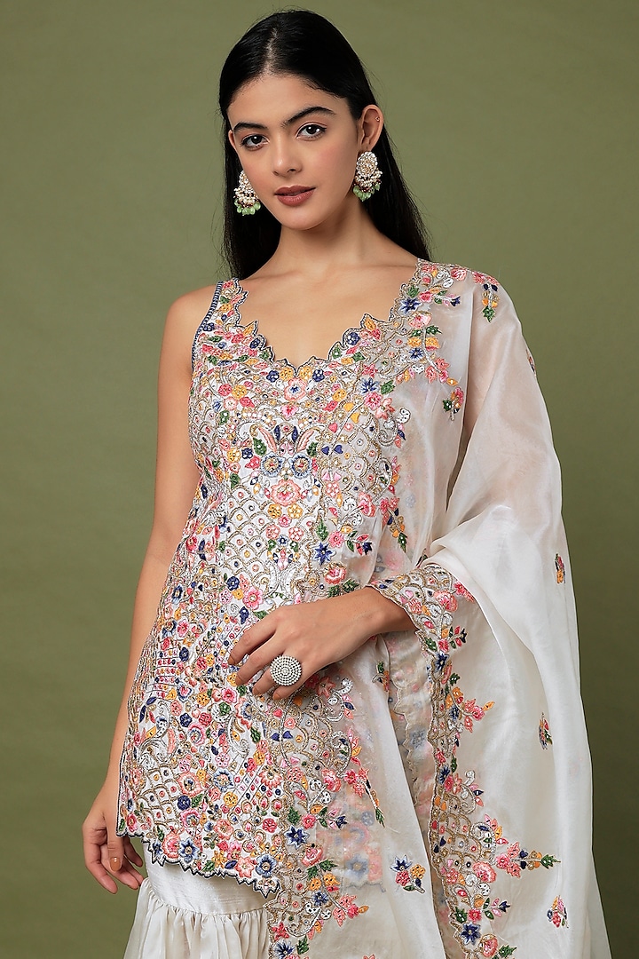 Ivory Raw Silk & Organza Embroidered Gharara Set by Tamanna Punjabi Kapoor at Pernia's Pop Up Shop