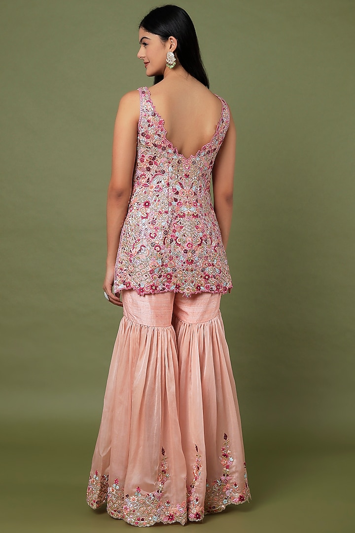 Peach Raw Silk & Organza Floral Embroidered Gharara Set by Tamanna Punjabi Kapoor at Pernia's Pop Up Shop