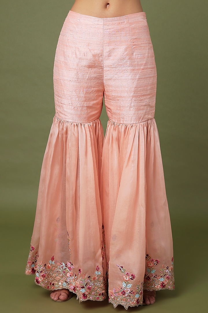 Peach Raw Silk & Organza Floral Embroidered Gharara Set by Tamanna Punjabi Kapoor at Pernia's Pop Up Shop