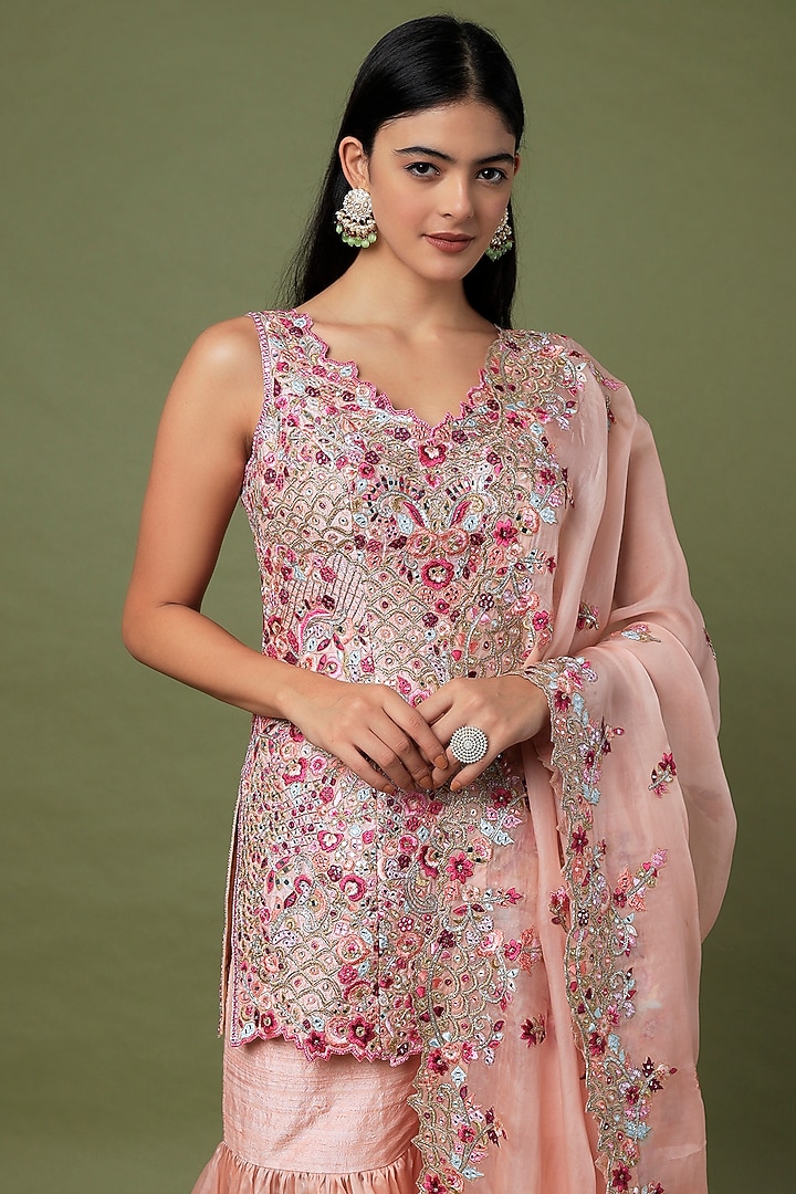 Peach Raw Silk & Organza Floral Embroidered Gharara Set by Tamanna Punjabi Kapoor at Pernia's Pop Up Shop
