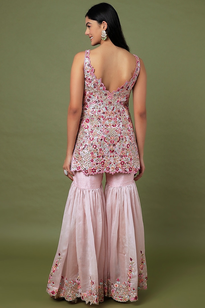 Pink Raw Silk & Organza Floral Embroidered Gharara Set by Tamanna Punjabi Kapoor at Pernia's Pop Up Shop
