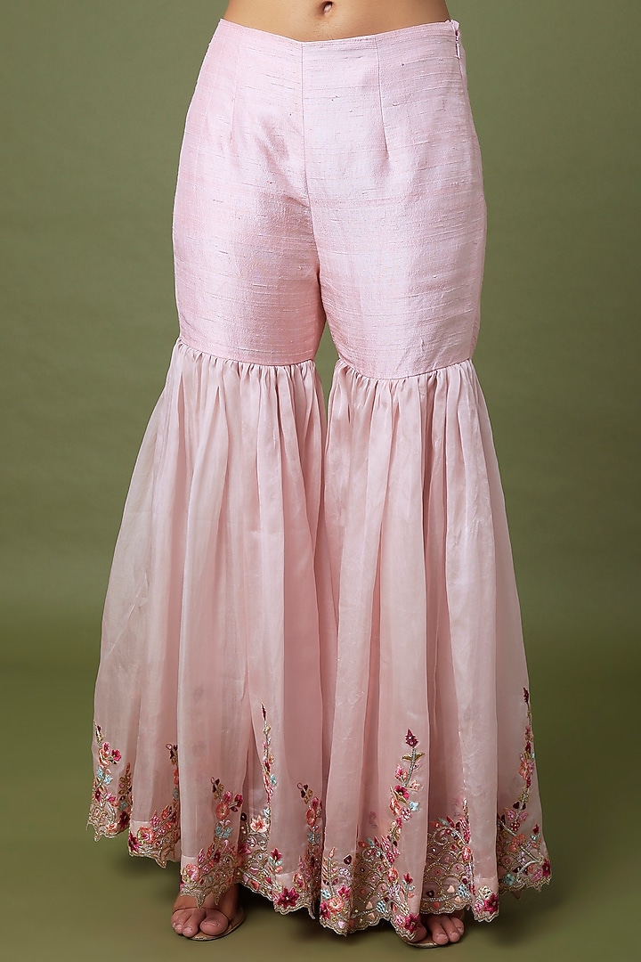 Pink Raw Silk & Organza Floral Embroidered Gharara Set by Tamanna Punjabi Kapoor at Pernia's Pop Up Shop