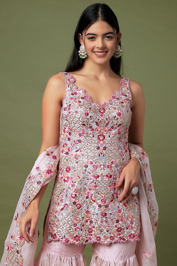 Pink Raw Silk & Organza Floral Embroidered Gharara Set by Tamanna Punjabi Kapoor at Pernia's Pop Up Shop