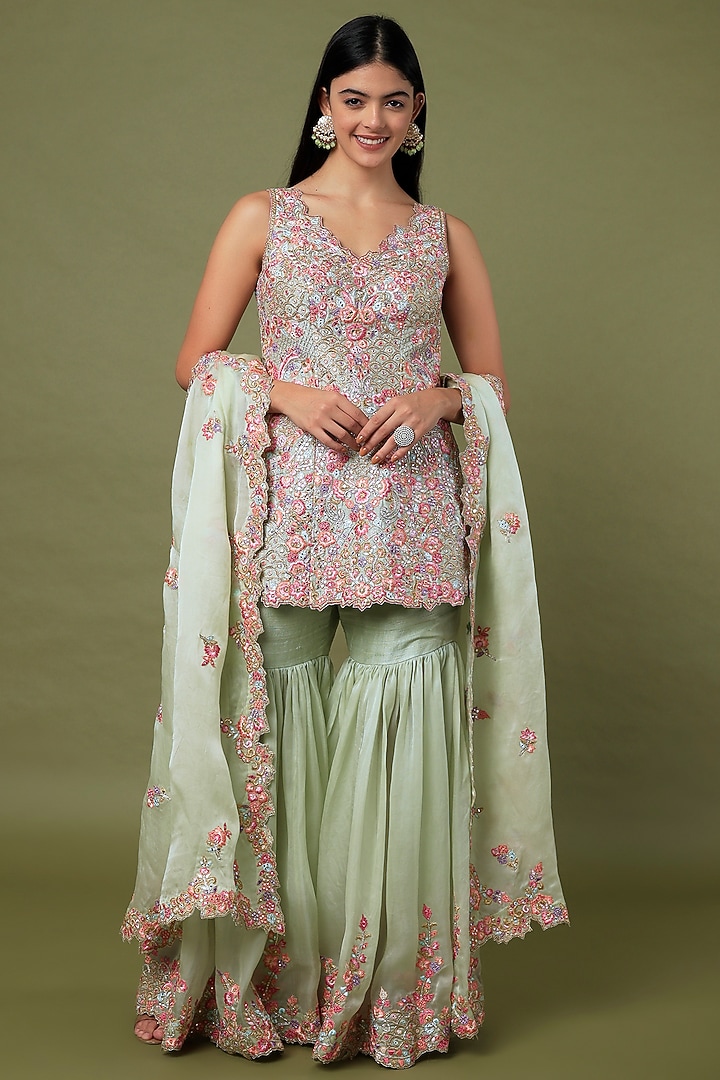 Mint Green Raw Silk & Organza Floral Embroidered Gharara Set by Tamanna Punjabi Kapoor at Pernia's Pop Up Shop