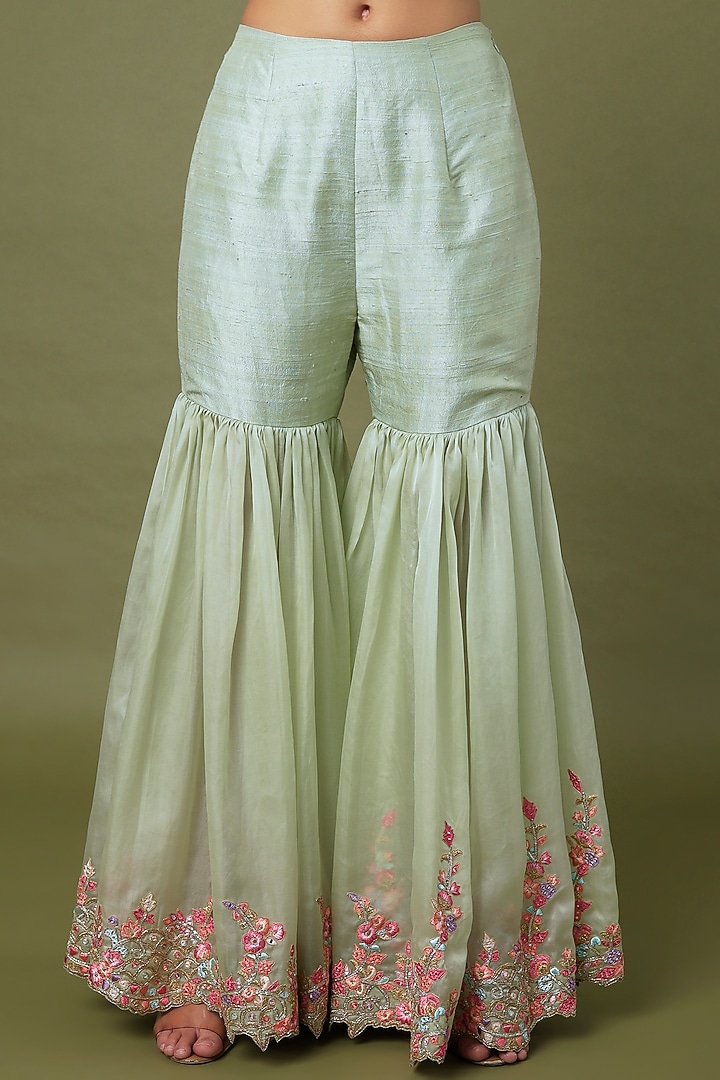 Mint Green Raw Silk & Organza Floral Embroidered Gharara Set by Tamanna Punjabi Kapoor at Pernia's Pop Up Shop
