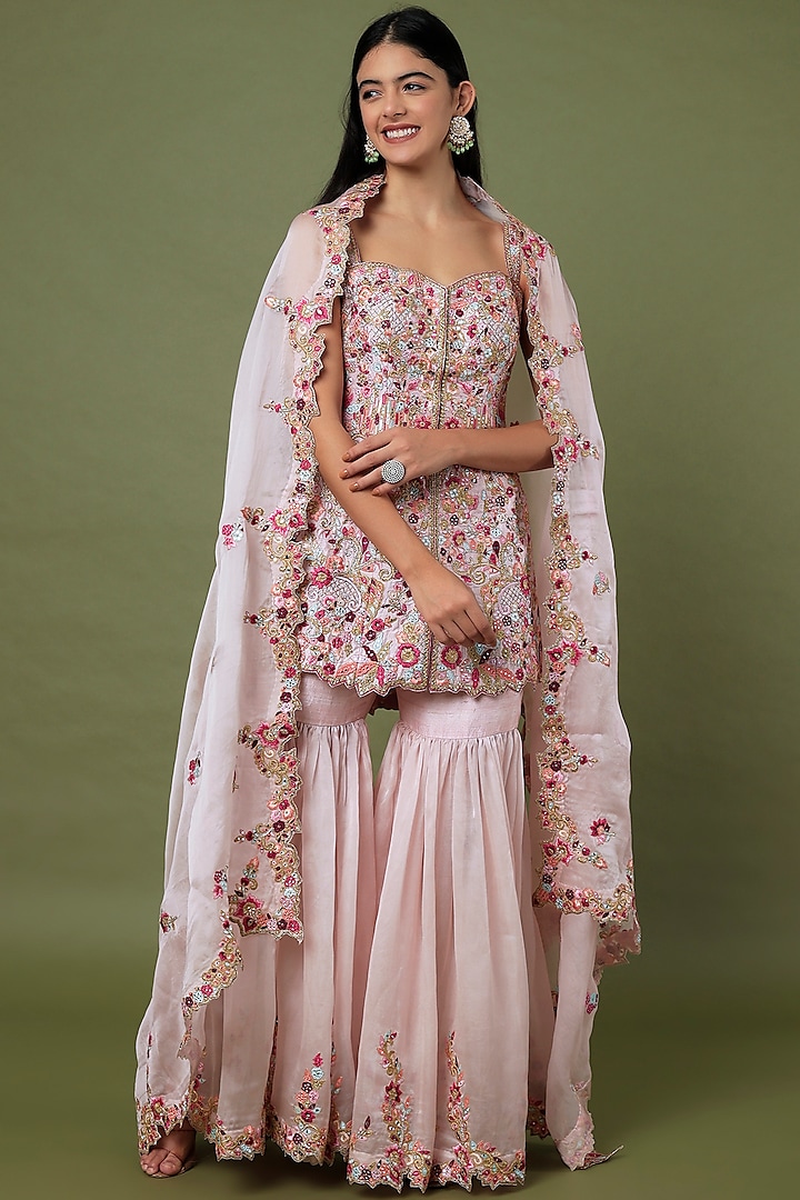 Pink Raw Silk & Organza Floral Embroidered Gharara Set by Tamanna Punjabi Kapoor at Pernia's Pop Up Shop