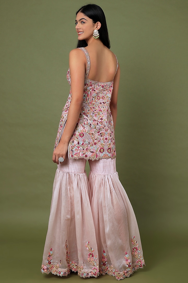 Pink Raw Silk & Organza Floral Embroidered Gharara Set by Tamanna Punjabi Kapoor at Pernia's Pop Up Shop