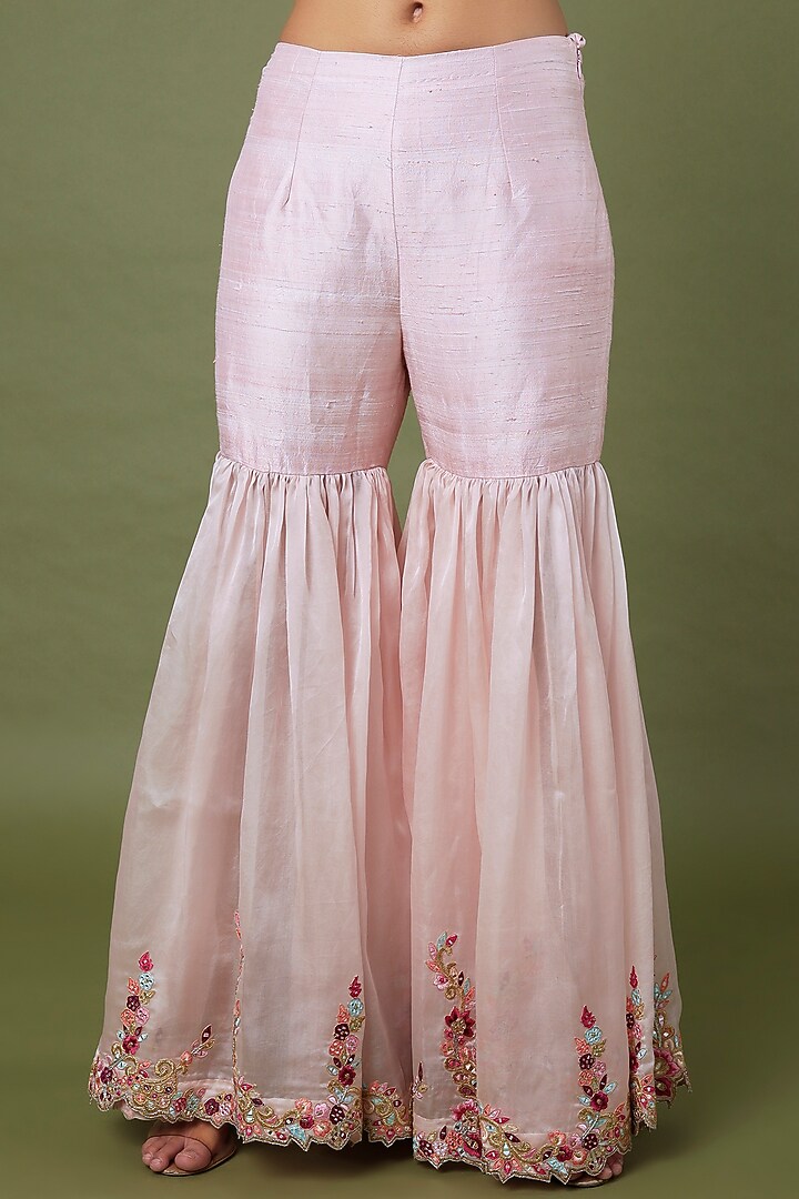 Pink Raw Silk & Organza Floral Embroidered Gharara Set by Tamanna Punjabi Kapoor at Pernia's Pop Up Shop