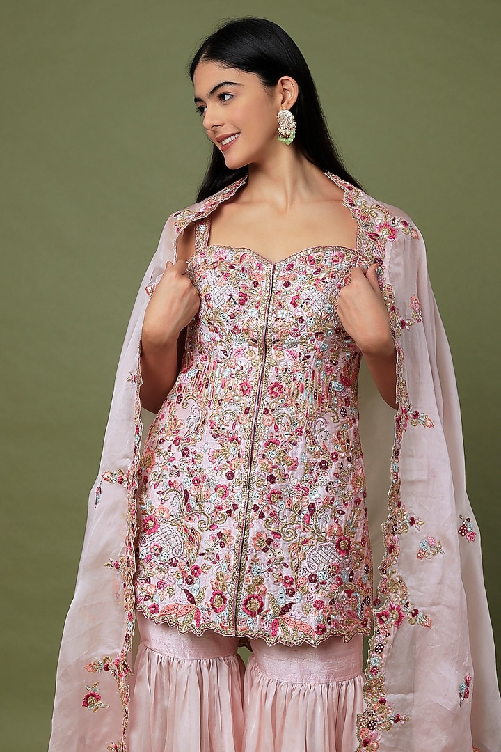 Pink Raw Silk & Organza Floral Embroidered Gharara Set by Tamanna Punjabi Kapoor at Pernia's Pop Up Shop
