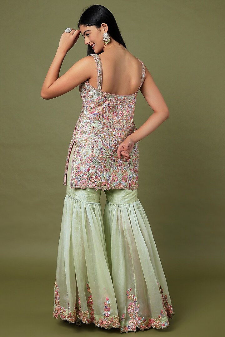 Green Raw Silk & Organza Floral Embroidered Gharara Set by Tamanna Punjabi Kapoor at Pernia's Pop Up Shop
