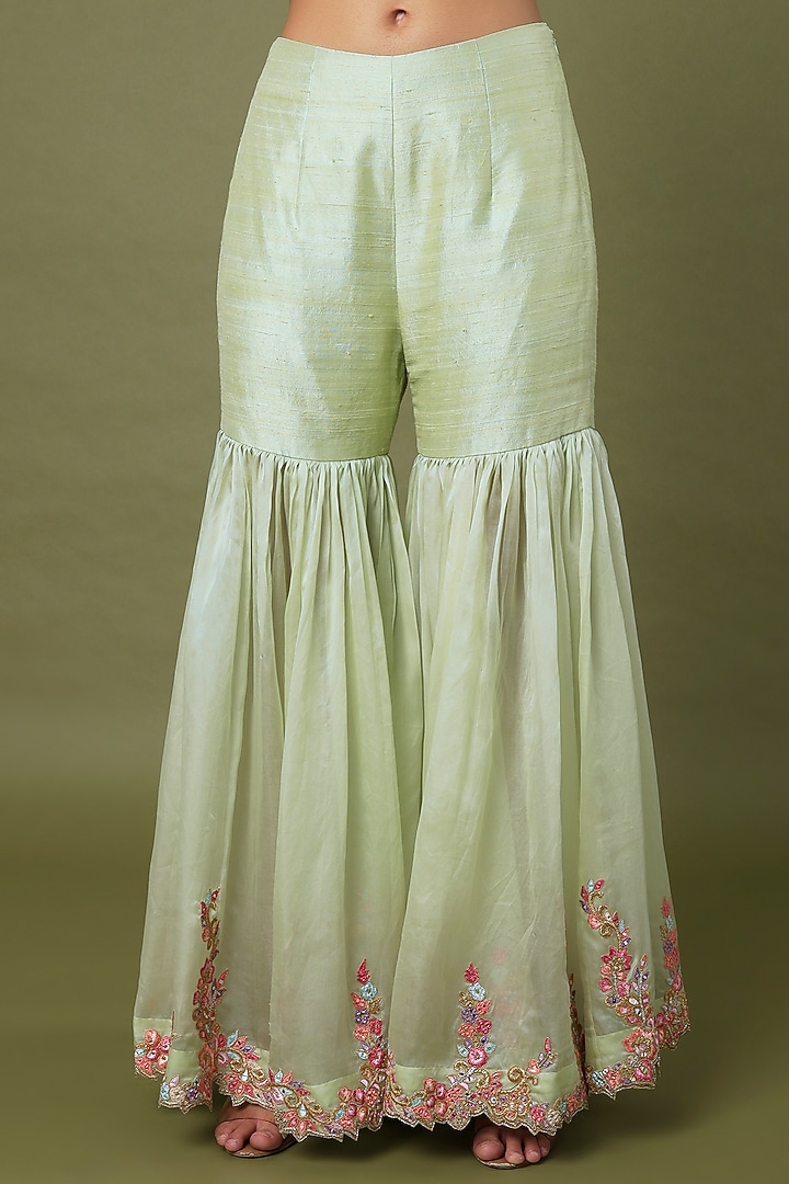 Green Raw Silk & Organza Floral Embroidered Gharara Set by Tamanna Punjabi Kapoor at Pernia's Pop Up Shop