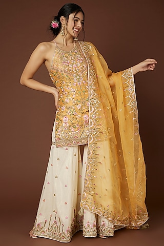 White Chanderi Silk Sharara Set by Tamanna Punjabi Kapoor