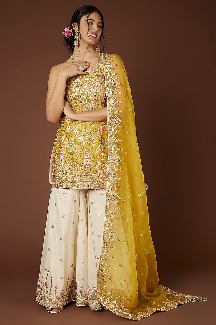 White Sharara Set In Chanderi Silk by Tamanna Punjabi Kapoor