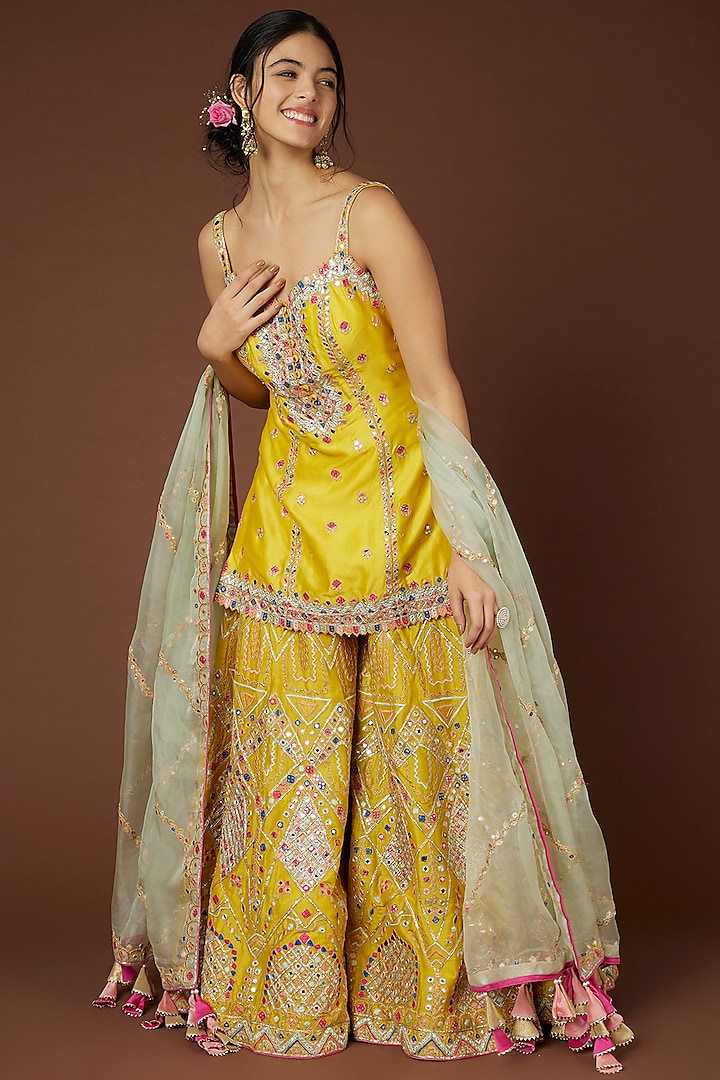Yellow Chanderi Silk Sharara Set by Tamanna Punjabi Kapoor