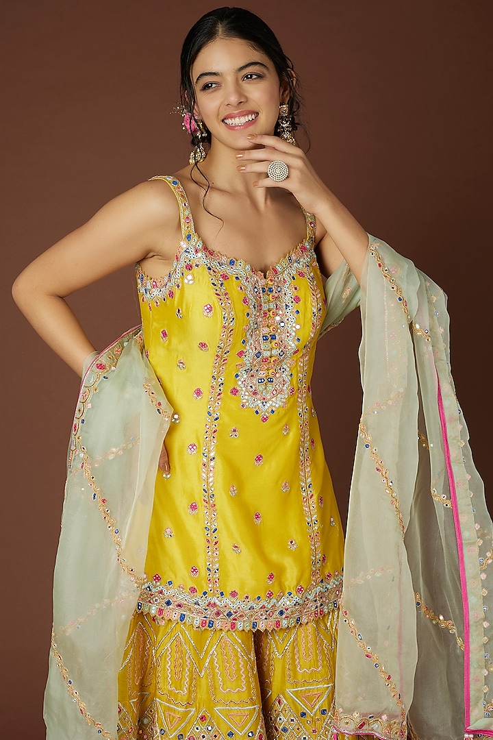Yellow Chanderi Silk Bridal Sharara Set by Tamanna Punjabi Kapoor at Pernia's Pop Up Shop