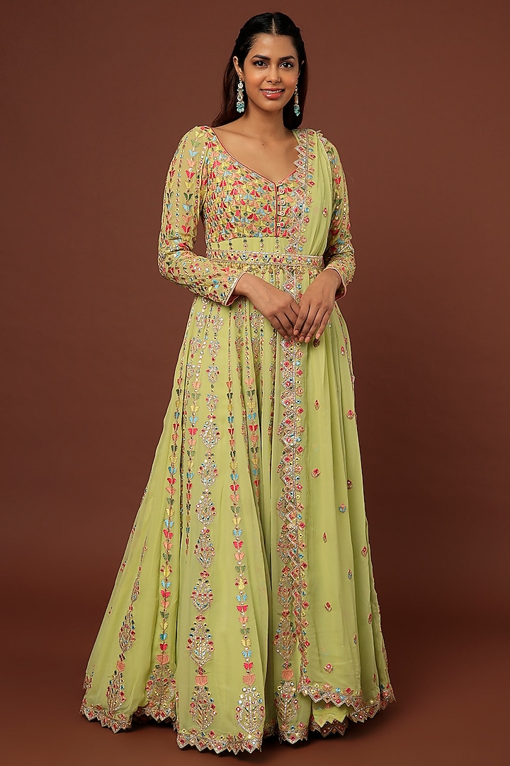 Lime Green Embroidered Anarkali Set by Tamanna Punjabi Kapoor at Pernia's Pop Up Shop