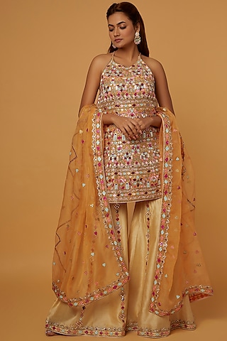 Beige Chanderi Resham Embroidered Gharara Set by Tamanna Punjabi Kapoor