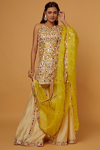 Beige Chanderi Resham Embroidered Gharara Set by Tamanna Punjabi Kapoor
