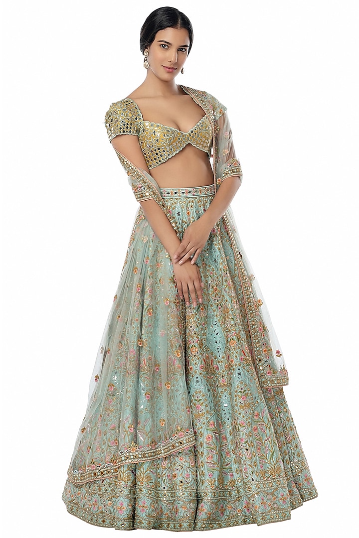 Blue Embroidered Raw Silk Lehenga Set Design by Tamanna Punjabi Kapoor ...