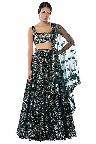 Dark Green Embroidered Lehenga Set by Tamanna Punjabi Kapoor