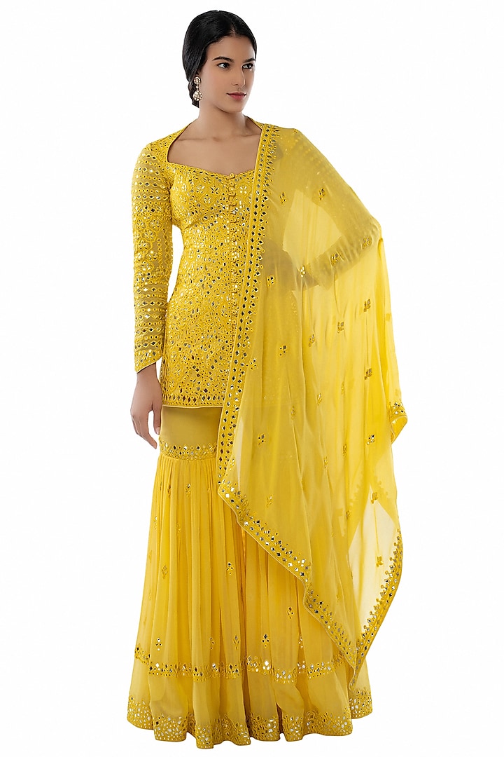 Yellow Embroidered Sharara Set by Tamanna Punjabi Kapoor
