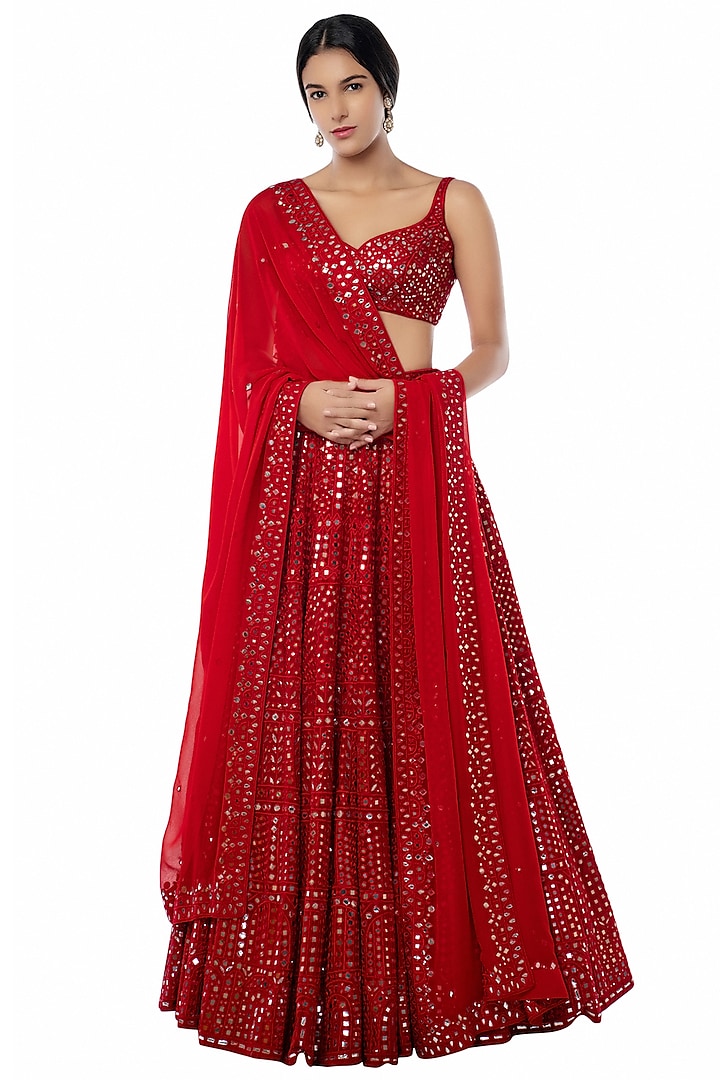 Red Embroidered Lehenga Set by Tamanna Punjabi Kapoor