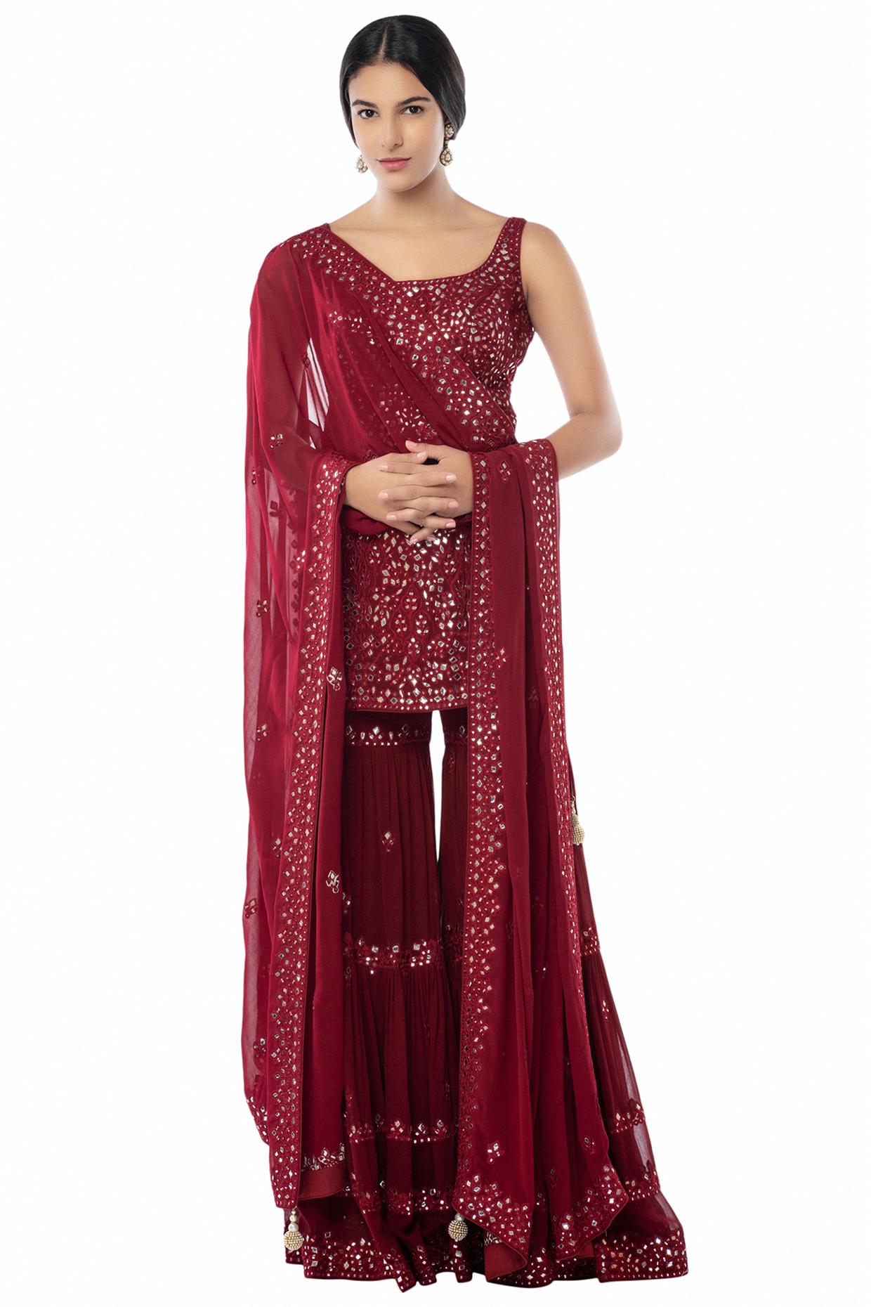 Maroon Foil Embroidered Sharara Set 