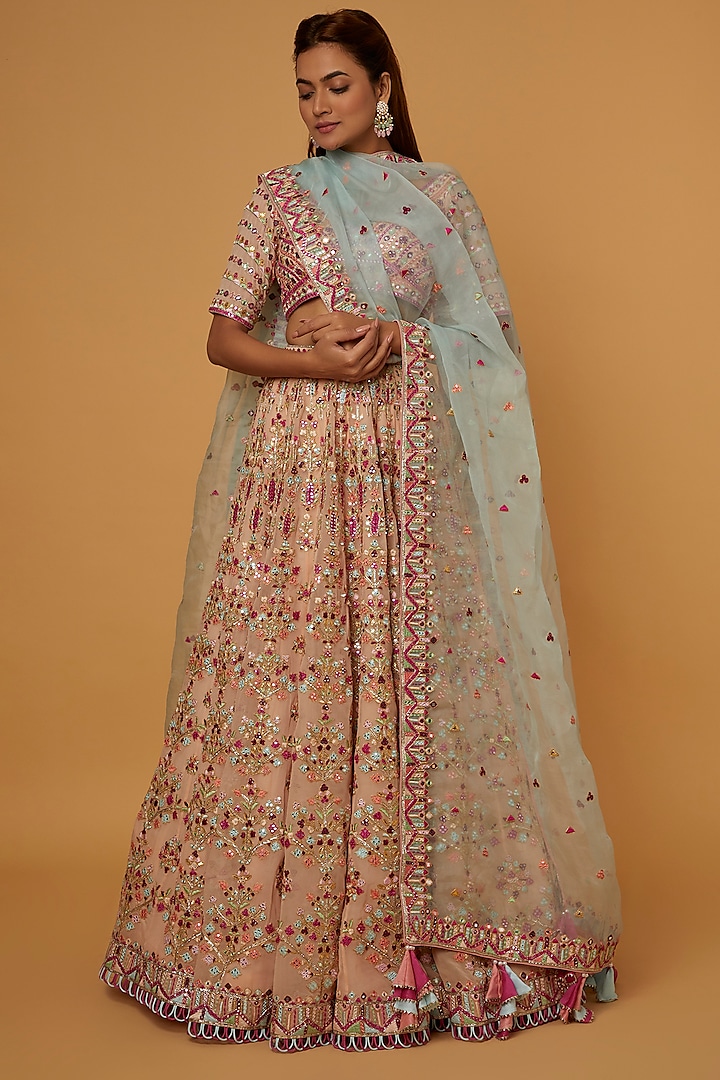 Peach Embroidered Lehenga Set by Tamanna Punjabi Kapoor
