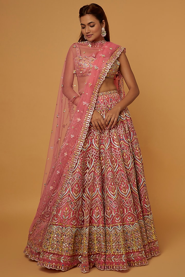 Old Rose Embroidered Lehenga Set by Tamanna Punjabi Kapoor