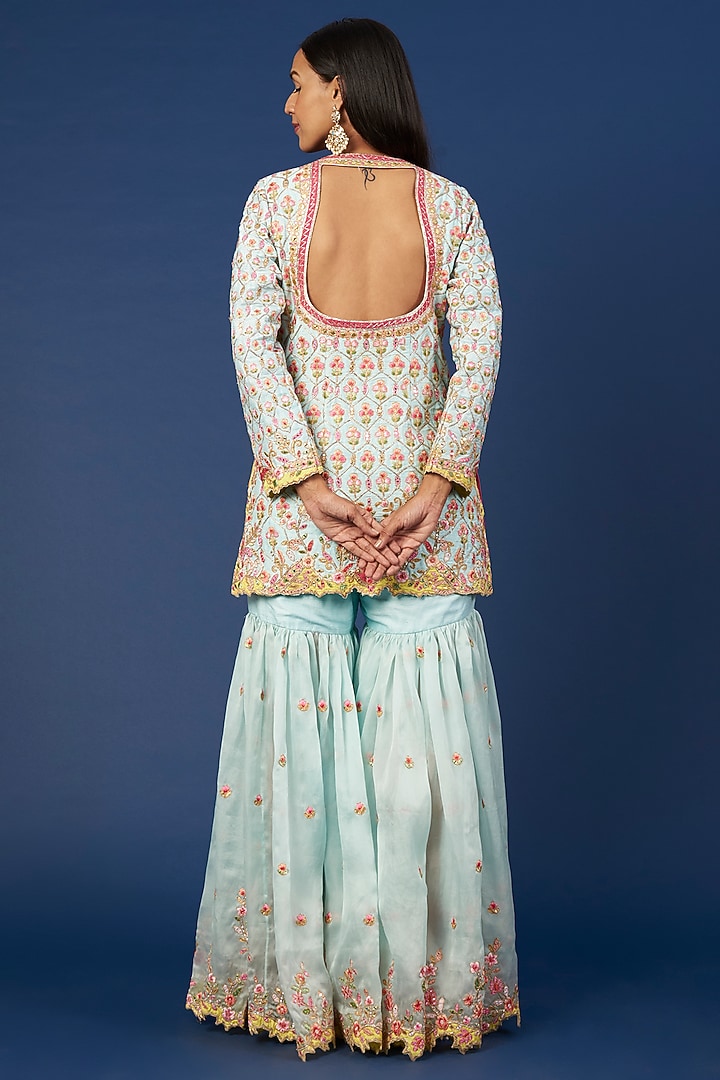 Blue Raw Silk Resham Embroidered Gharara Set by Tamanna Punjabi Kapoor at Pernia's Pop Up Shop