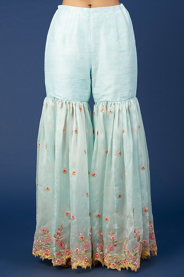 Blue Raw Silk Resham Embroidered Gharara Set by Tamanna Punjabi Kapoor at Pernia's Pop Up Shop