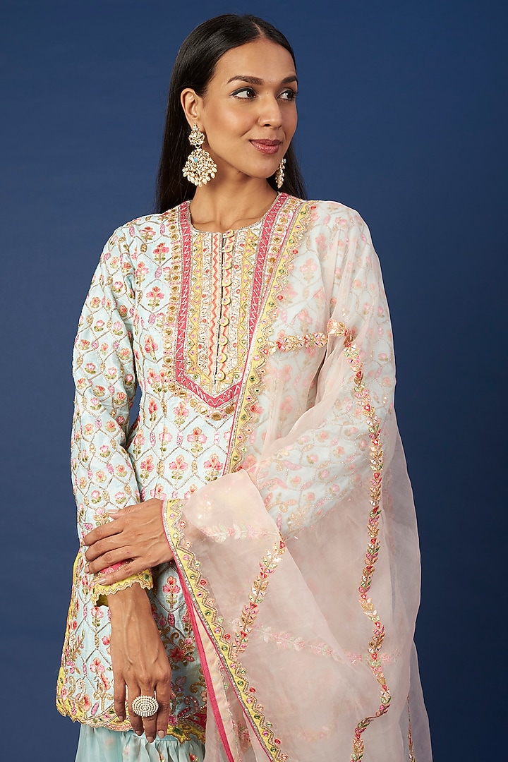Blue Raw Silk Resham Embroidered Gharara Set by Tamanna Punjabi Kapoor at Pernia's Pop Up Shop