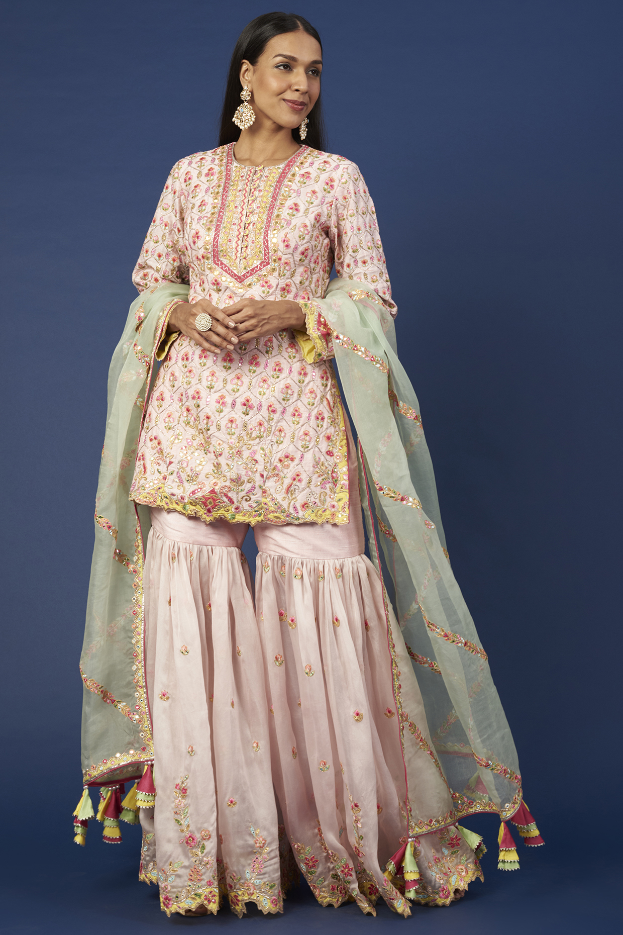 Blush Pink Embroidered Gharara Set by Tamanna Punjabi Kapoor