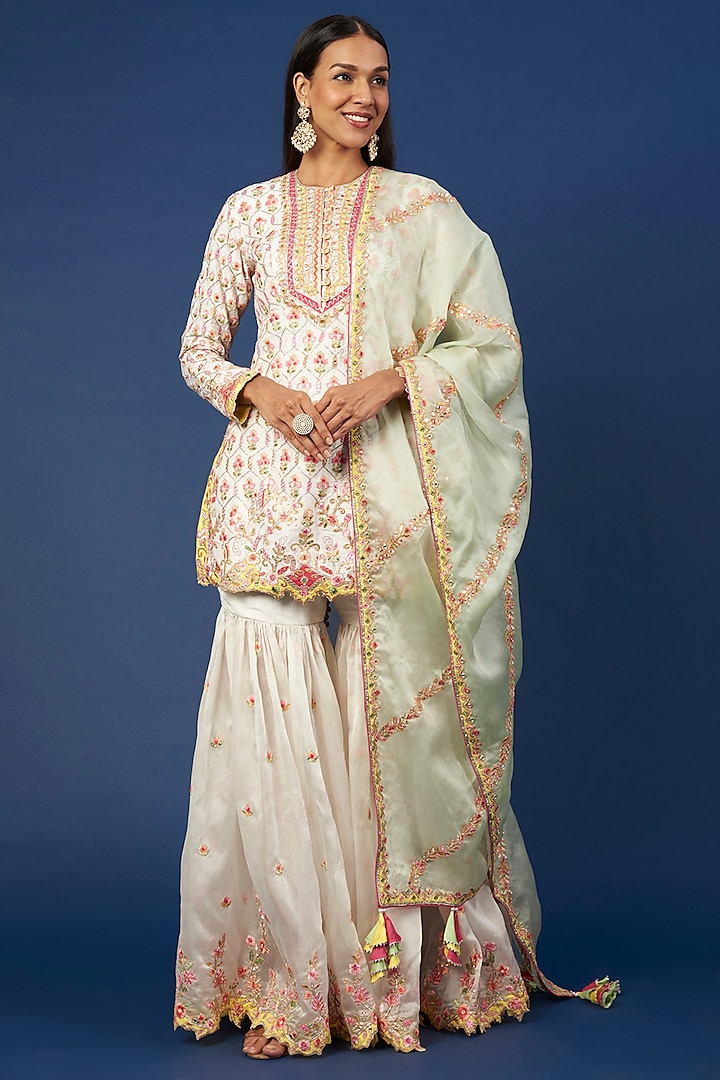White Embroidered Gharara Set by Tamanna Punjabi Kapoor