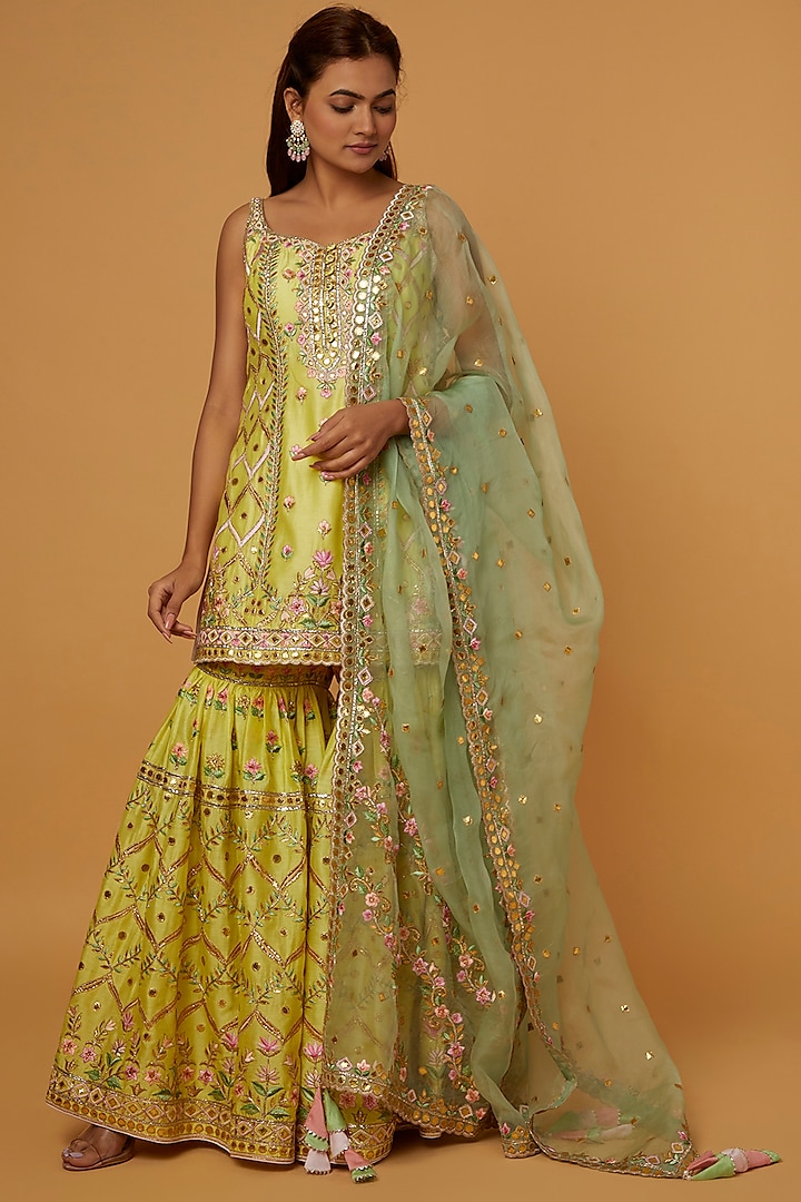 Bright Yellow Chanderi Silk Resham Embroidered Gharara Set by Tamanna Punjabi Kapoor