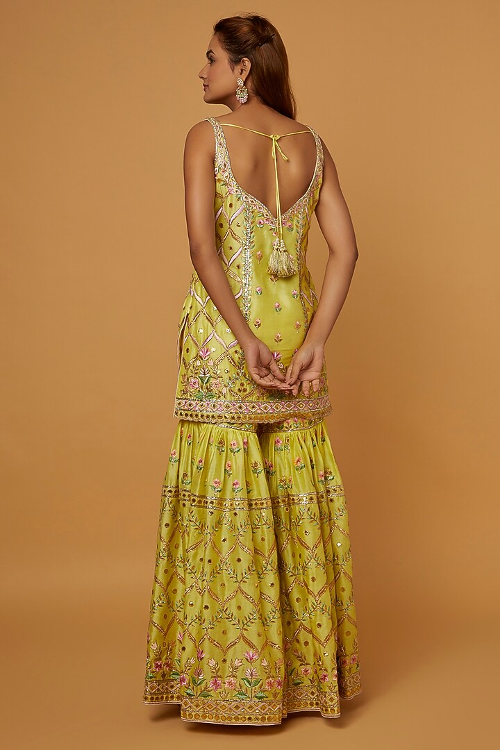 Bright Yellow Chanderi Silk Resham Embroidered Gharara Set by Tamanna Punjabi Kapoor at Pernia's Pop Up Shop